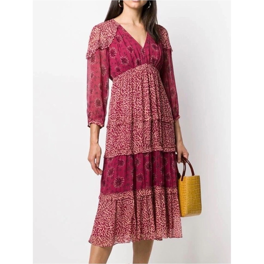 ba&sh Gypsie Red Burgundy Tiered Midi Dress Ruffle Shoulder Pink Size 1 (Small)